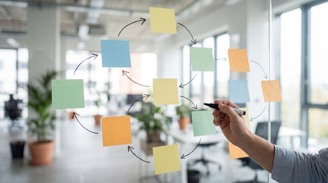 A person writing on a glass board with colorful post-it notes in a modern office.