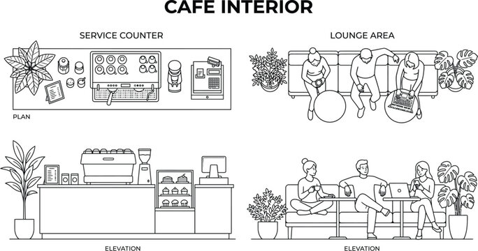 Minimal CAD cafe interior drawings set with counter, coffee machine, seating area and people, top view and elevation in clean architectural line style for plans and layouts