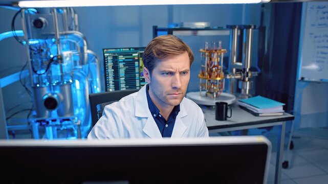 Focused scientist in a white coat monitors a quantum computer inside a high-tech lab. Advanced machinery, complex data and notes. Concentration and precision required for a modern scientific research