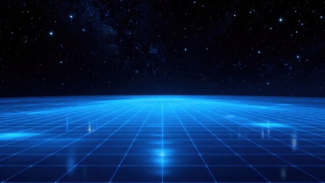 Blue grid landscape under starry sky