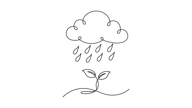 Continuous line drawing of a rain cloud watering a small green sprout.
