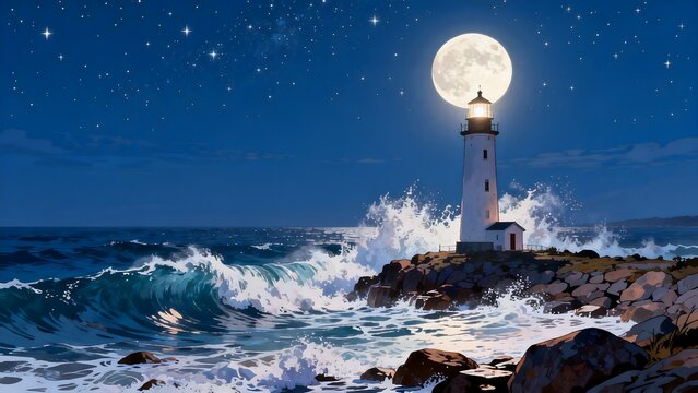 Lighthouse by the sea under moonlight