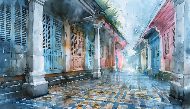 Vibrant Watercolor Streetscape Of A Colonial Asian Alley
