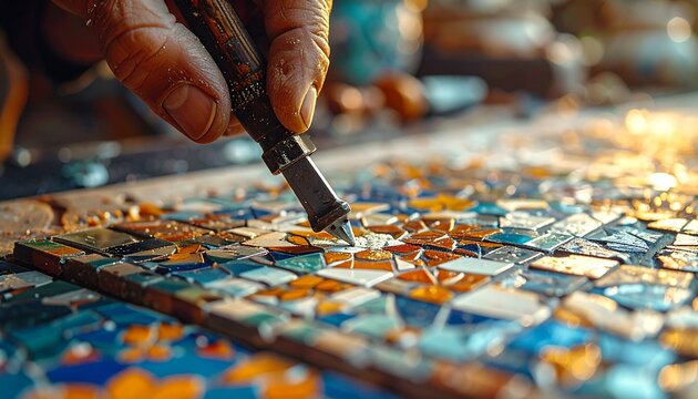 Hand cutting mosaic tiles with nippers for craft project in natural light