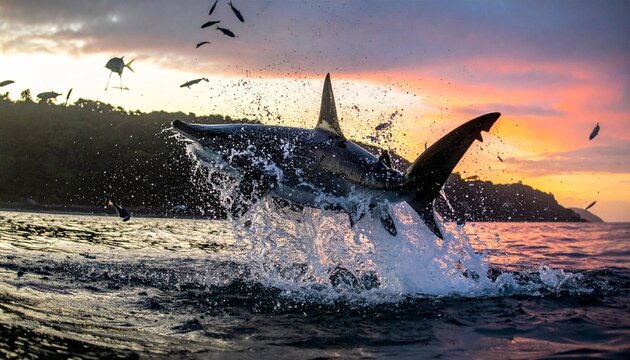 Thresher shark breaching at sunrise with splashing water and flying seabirds