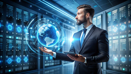 Fototapeta premium Futuristic Businessman Holding Digital Globe in AI Data Center