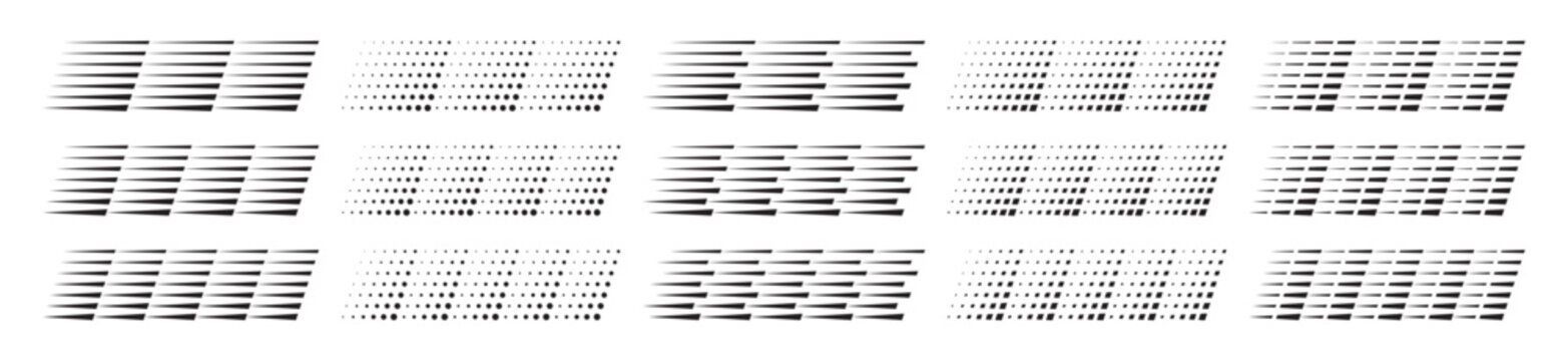 Collection of different dynamic speed lines. Design of racing stripes and car decals for racing and motorsport. Striped dotted and checkered lines. Vector illustration