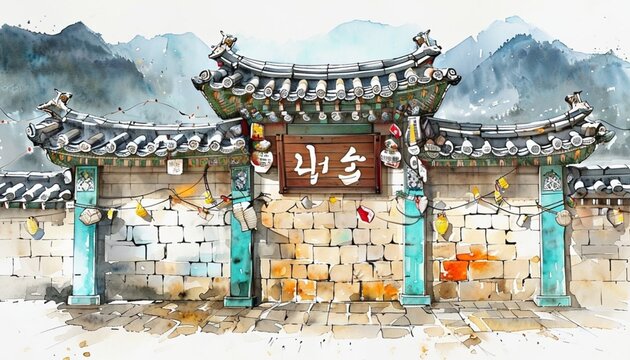 Traditional Serenity: Watercolor Sketch of Bukchon Village