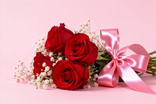 Red roses with babys breath and pink ribbon