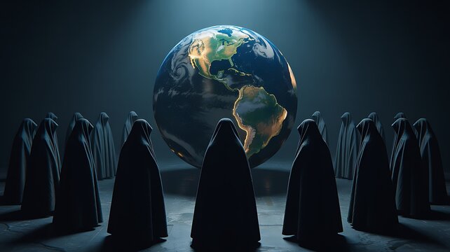 Mysterious hooded figures standing around glowing earth globe in dark scene
