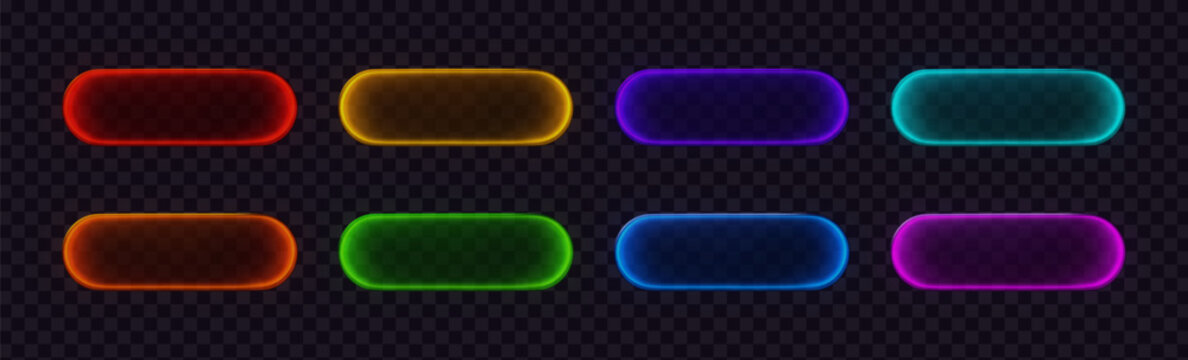 Neon glass pill button multicolored set isolated on dark transparent background. UX UI rounded red orange yellow blue green purple pink rectangle box.