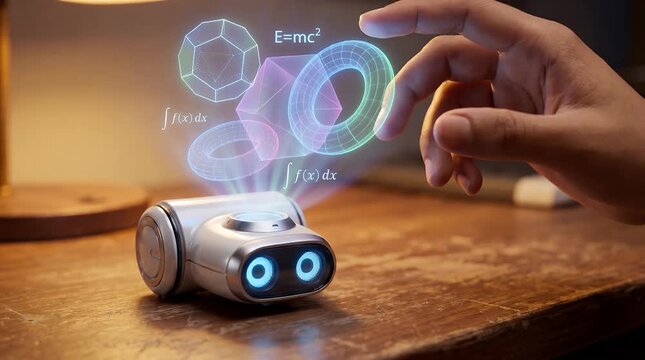 A futuristic mini robot projecting interactive holographic geometric shapes and scientific formulas, with a hand touching the display.