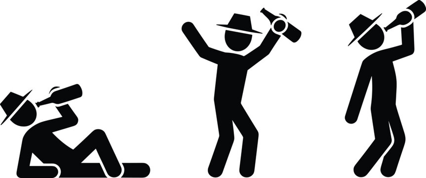 Alcohol drinking stick figure silhouettes with hats, bottle in hand, lying down, standing motion, prohibition concept vector illustration design