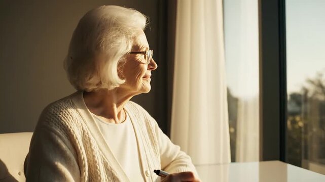 Senior woman writing in book by window with golden sunlight
