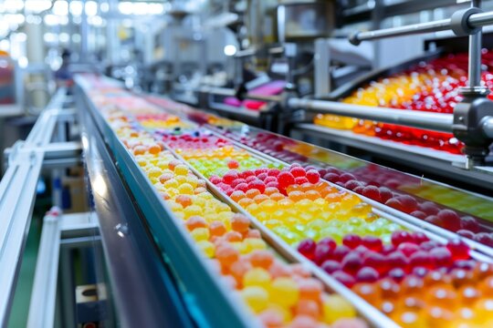 Gummy candies moving on confectionery factory assembly line