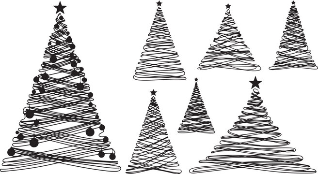 Hand drawn Christmas trees in black and white