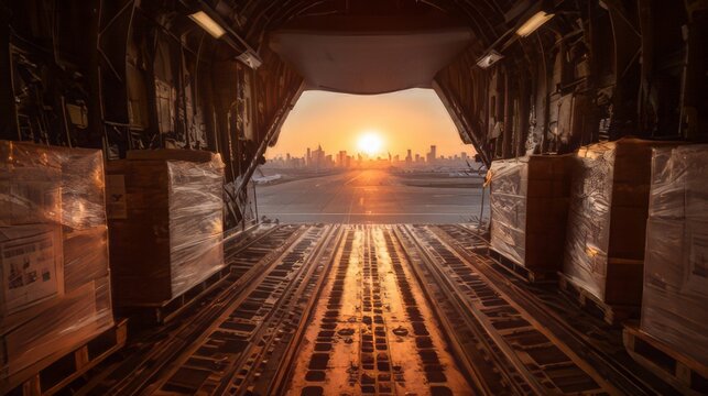 Cargo airplane interior hold during sunset with wide angle view from inside the fuselage, looking toward the open rear loading ramp silhouette. 