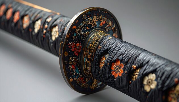 Japanese sword guard with floral metal inlay on dark fabric