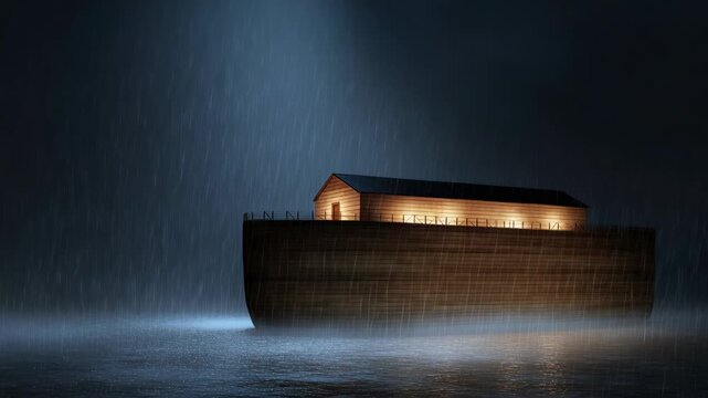 Noah's ship floats on dark waters during a heavy rain at night