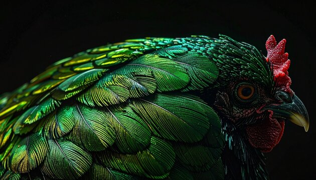 Iridescent green rooster hackle feathers in close-up detail against dark background