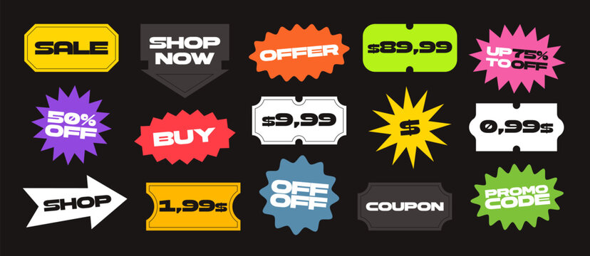 Super set of different price sticker and labels. Old price and sale stickers collection. Price tag mockup for shopping and business. Vector illustration 