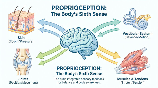 Diagram illustrating proprioception as the body's sixth sense with receptor