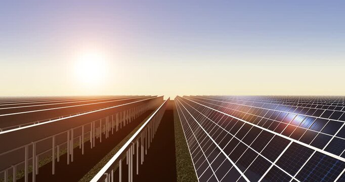 Solar panel park for renewable energy and global climate protection. Sustainable Green Energy Related 3D Animation.