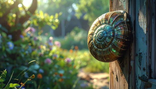 Iridescent snail shell resting on wooden post in sunlit garden