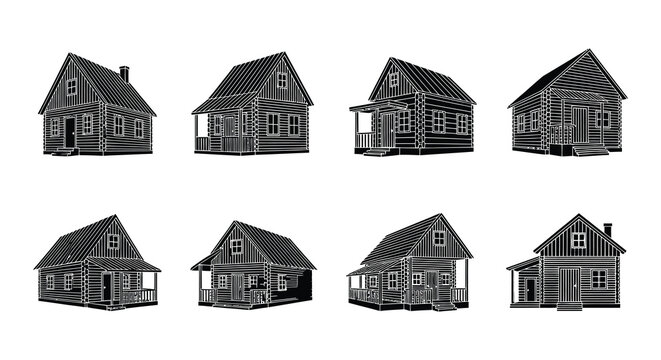 Set of six black and white line drawings of small houses