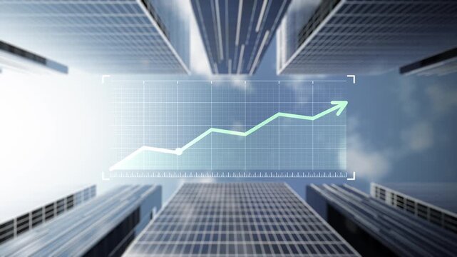 Skyscrapers with upward-trending financial chart and rising arrow, symbolizing business growth, investment success and real estate asset value. Ideal for property investment, financial market concepts