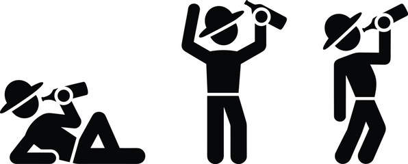 Silhouettes of people wearing hats drinking bottles, lying down standing upright raised arms, alcohol consumption vector illustration lifestyle concept © MdMominur