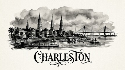 Obraz premium Charleston skyline silhouette featuring historic church steeples, waterfront harbor, and classic southern colonial architecture, beautiful expressive hand-lettered typography below reading 