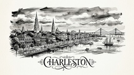 Fototapeta premium Charleston skyline silhouette featuring historic church steeples, waterfront harbor, and classic southern colonial architecture, beautiful expressive hand-lettered typography below reading 