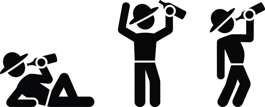 Silhouettes of people wearing hats drinking bottles, lying down standing upright raised arms, alcohol consumption vector illustration lifestyle concept