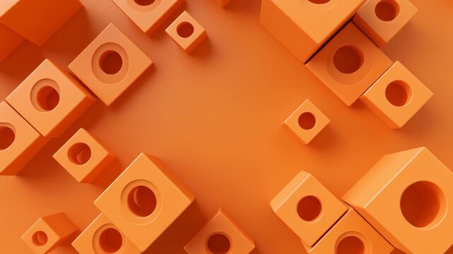 Abstract 3D Animation of Orange Cubes with Circular Holes