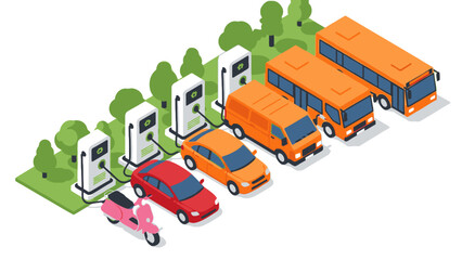 Isometric Electric Vehicle Charging Station with Cars and Buses © tere