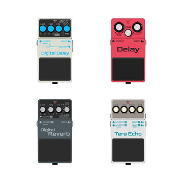 Collection of guitar delay and reverb effect pedals vector illustration. Flat style studio hardware stompboxes for ambient music.