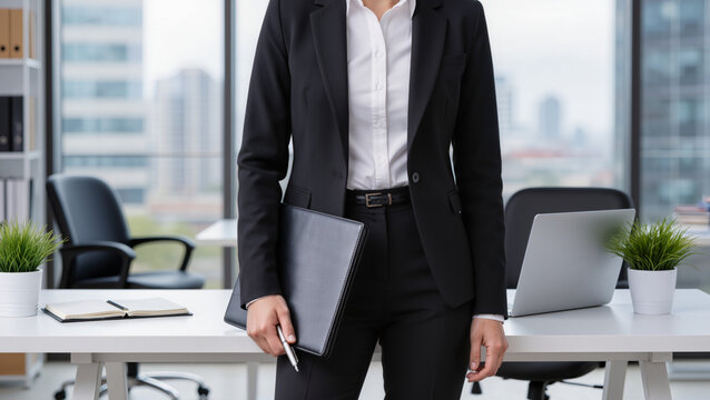 Professional woman in black business suit.
​Modern office with city skyline view.
​Holding black folder and silver pen.
​Clean white desk with green plants.
​Laptop and notebook in bright workspace.