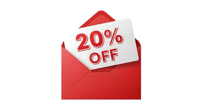 Red envelope with white card showing twenty percent off text isolated on transparent background.