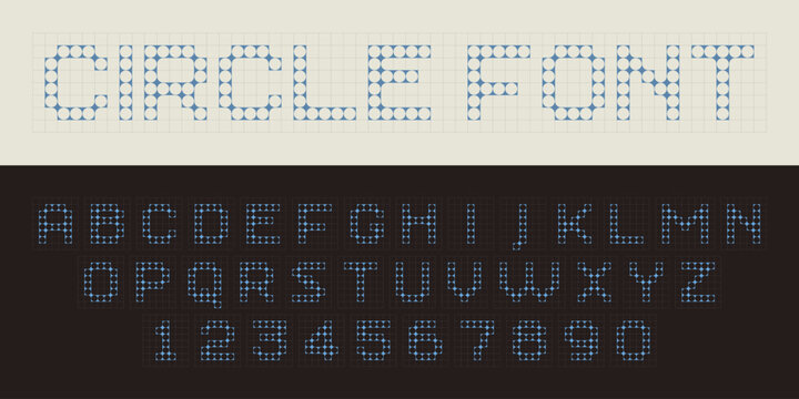 Futuristic retro-inspired alphabet and numbers with modular geometric shapes. Typography blends pixel and circle-like structure connected to each other on grid. Design for digital art or typography