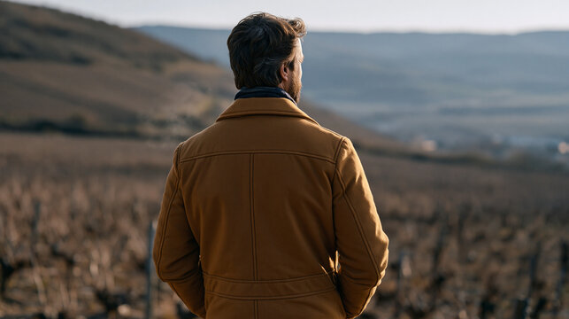 Solitary man in a winter coat standing on a hillside overlooking bare dormant vineyards, hands in pockets, breath visible in the cold air, the landscape caught in early March