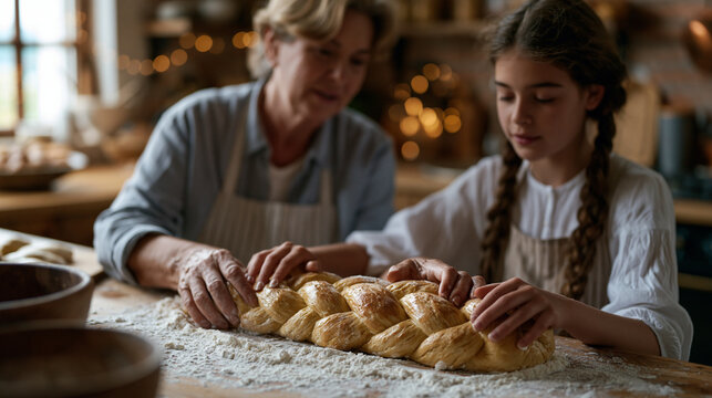 Over the shoulder view of a grandmother teaching her teenage granddaughter to braid challah at a floured kitchen counter, the loose weave taking shape under older hands guiding