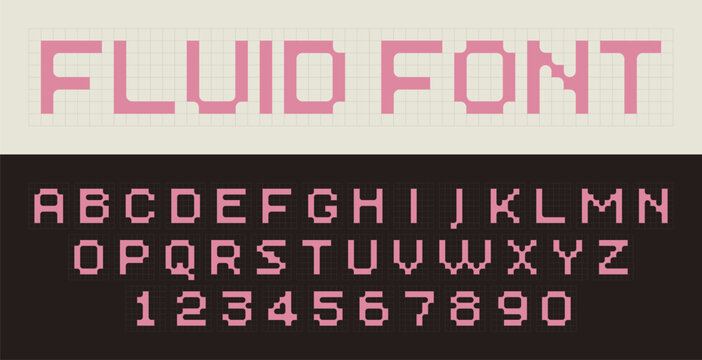 Modern liquid-inspired font design featuring smooth fluid-like letterforms. The typography blends pixel-like structure connected to each other on grid. Design for digital art, branding or typography