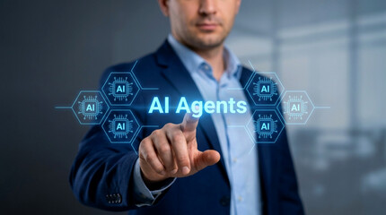 Obraz premium Professional Engages with Advanced AI Agents Interface, Highlighting Future Technology in Business Automation and Intelligent System Management Solutions