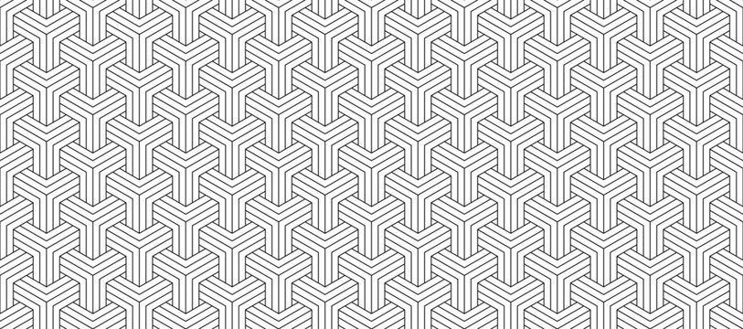 Geometric seamless pattern with interlocking hexagonal lines and striped chevron shapes. Minimal monochrome abstract background creating optical illusion. Background for printing and wallpaper.