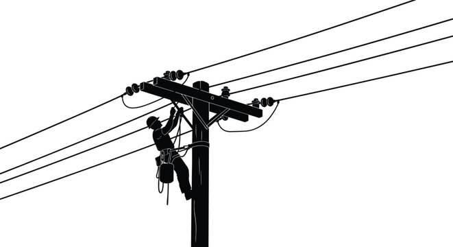Utility worker climbing pole silhouette electrical maintenance safety harness helmet power lines infrastructure energy distribution vector illustration concept image
