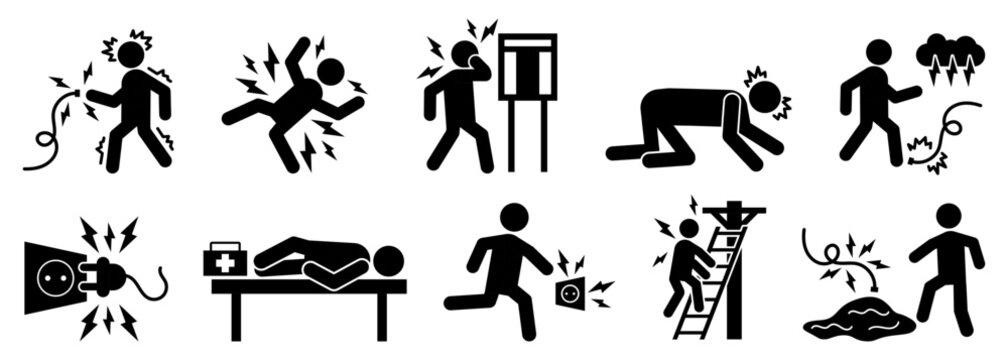 Electrical hazard and shock accident icon collection in black. Set of electrocution, lightning, socket, cable, danger and electric injury icons
