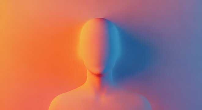 Featureless smooth mannequin head with orange and blue illumination. Artificial intelligence and anonymous identity concepts. Blank abstract human bust standing in bright neon lighting.