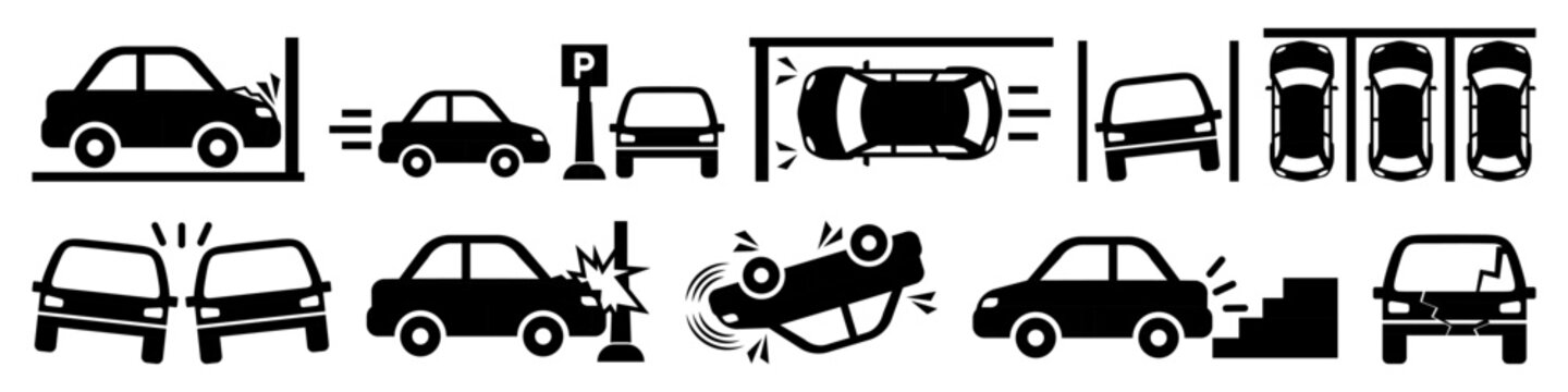 Parking accident and vehicle collision icon collection in black. Set of crash, rollover, parking damage, impact and automobile accident icons