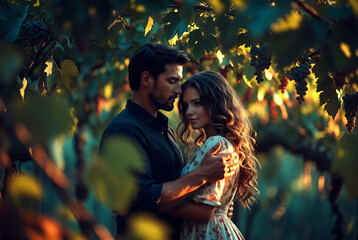 Obraz premium A man and woman embrace amidst a vineyard, bathed in golden light.